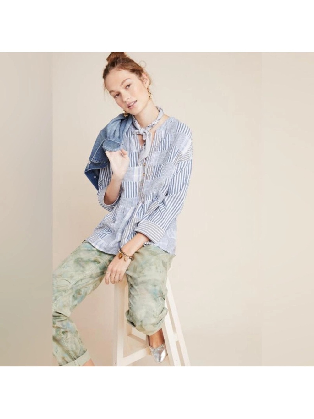 Anthropologie Maeve Stripe Patchwork Swing Shirt Henley Zoe Linen Top Blue Sz S - Picture 2 of 14